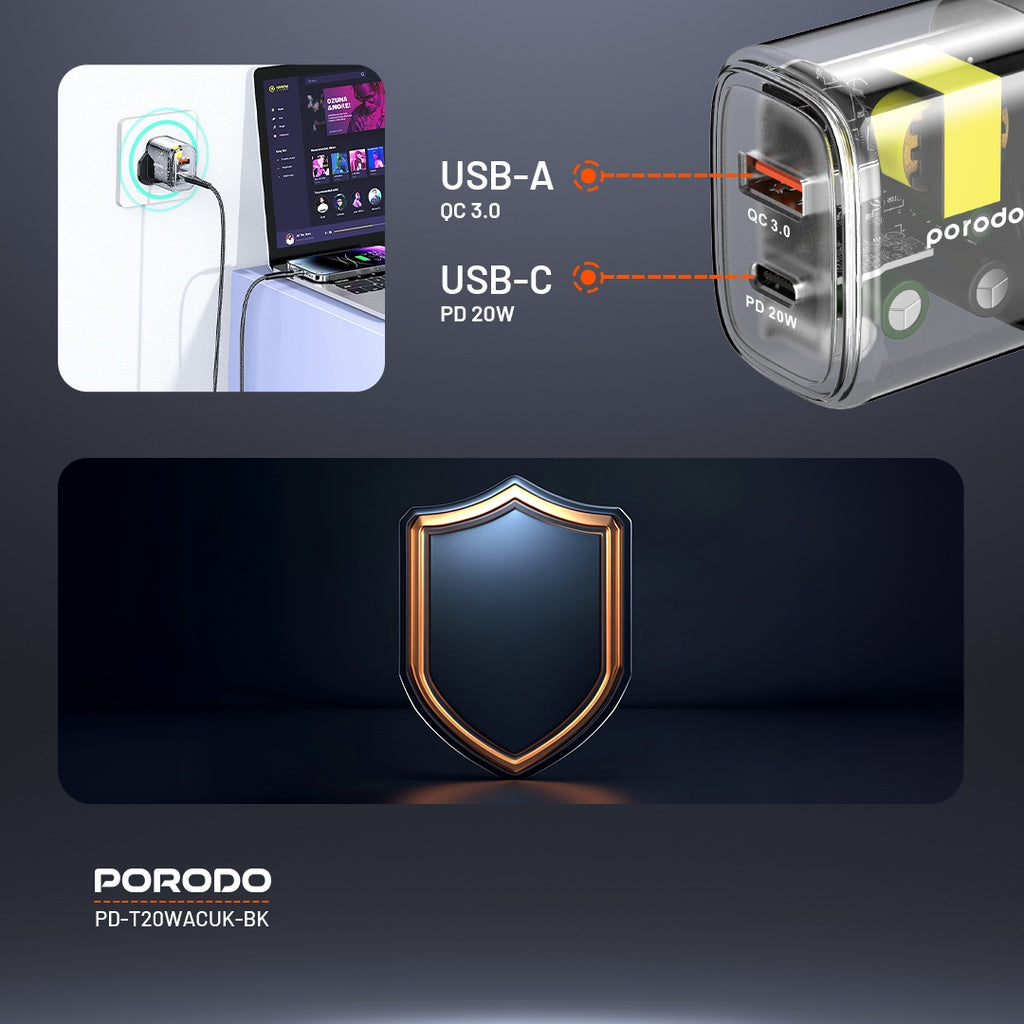 Porodo Dual Output Transparent Quick Charger USB-C PD And USB-A QC UK (PD-T20WACUK-BK) Porodo Dual Output Transparent Quick Charger USB-C PD And USB-A QC UK (PD-T20WACUK-BK)